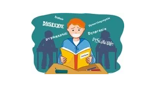 Illustration d'un élève terrorisé par les mots avec les noms des troubles Dys autour de lui